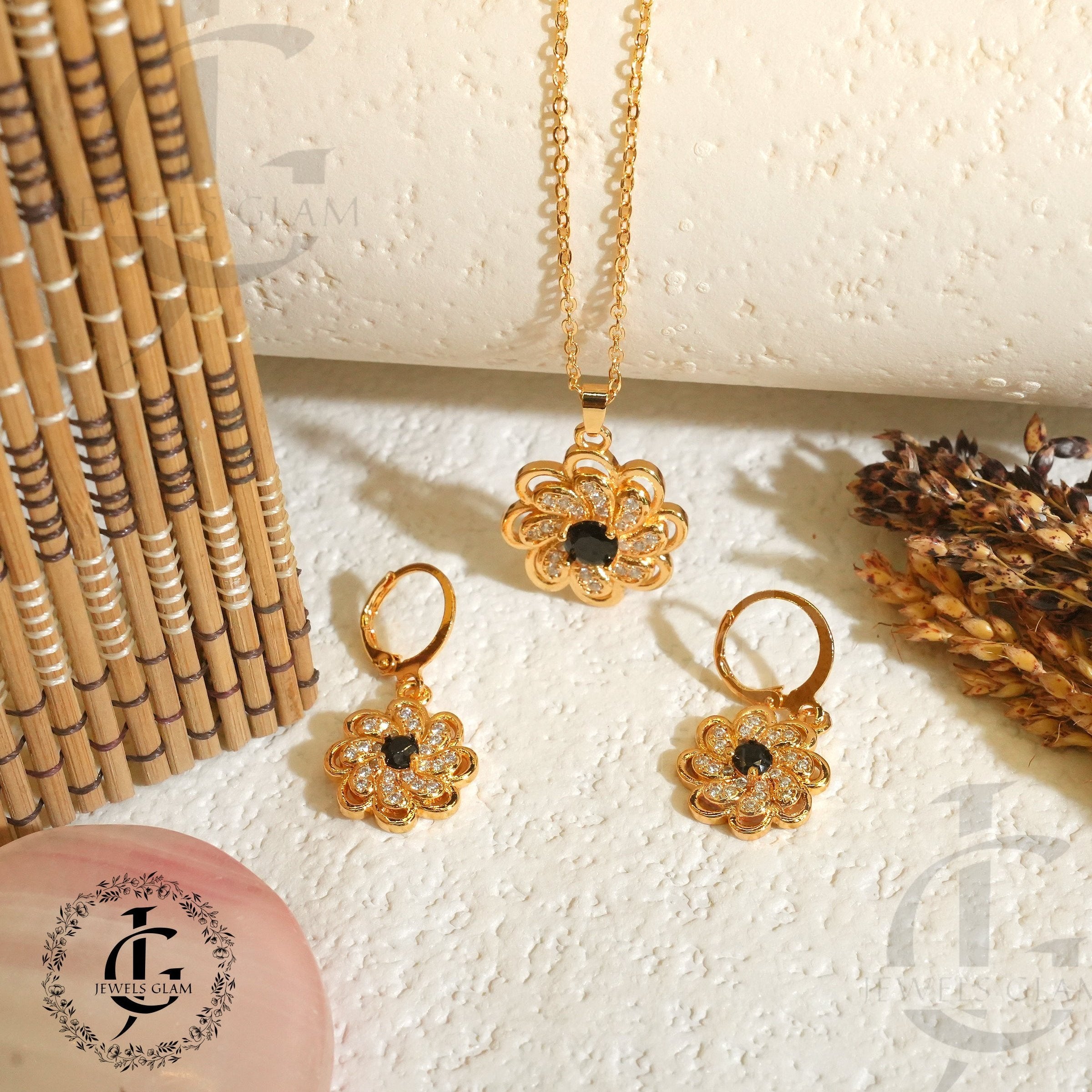 Golden Bloom Pendant and Earrings Set