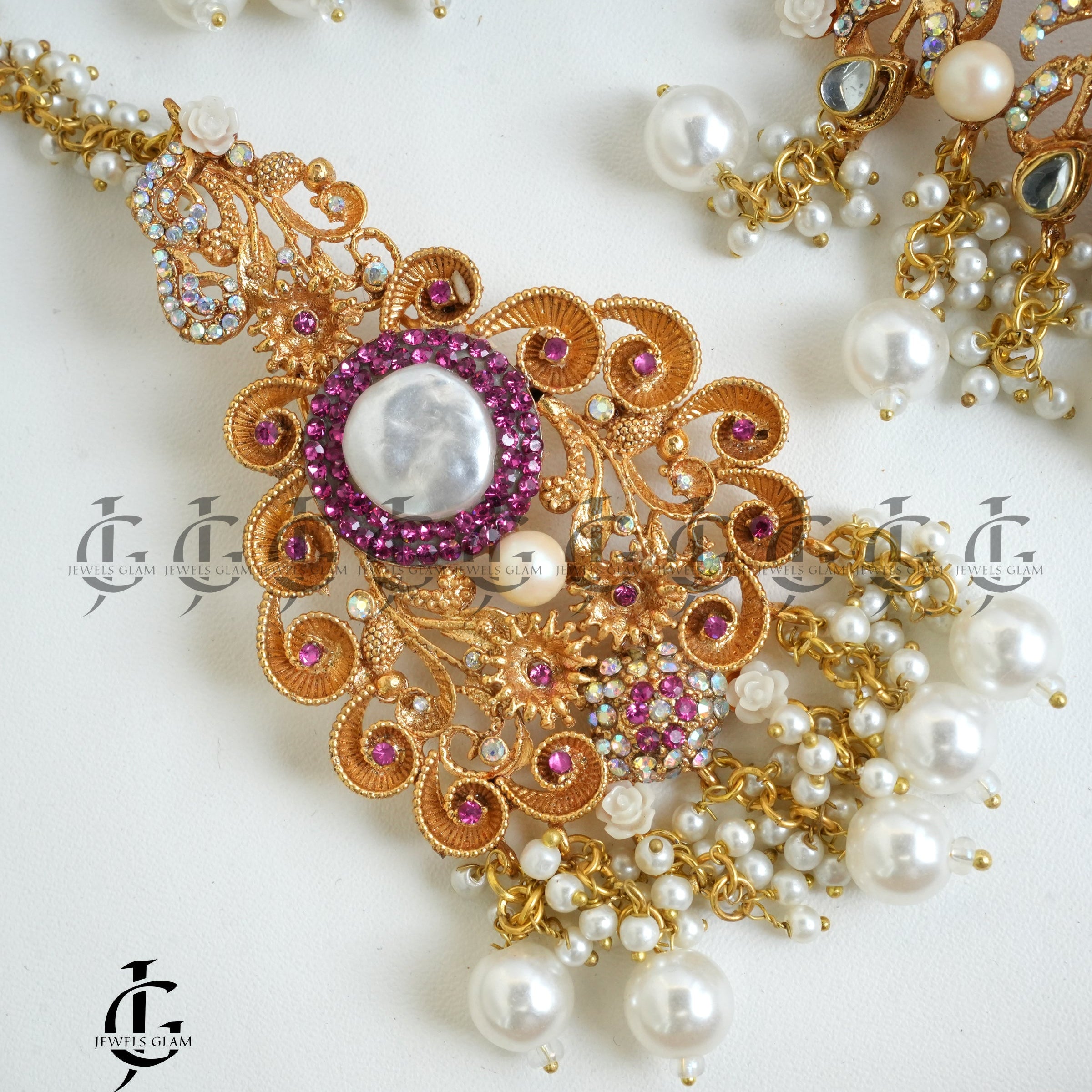 Gold Toned Sahara Earrings With Magenta and Pearl Accents