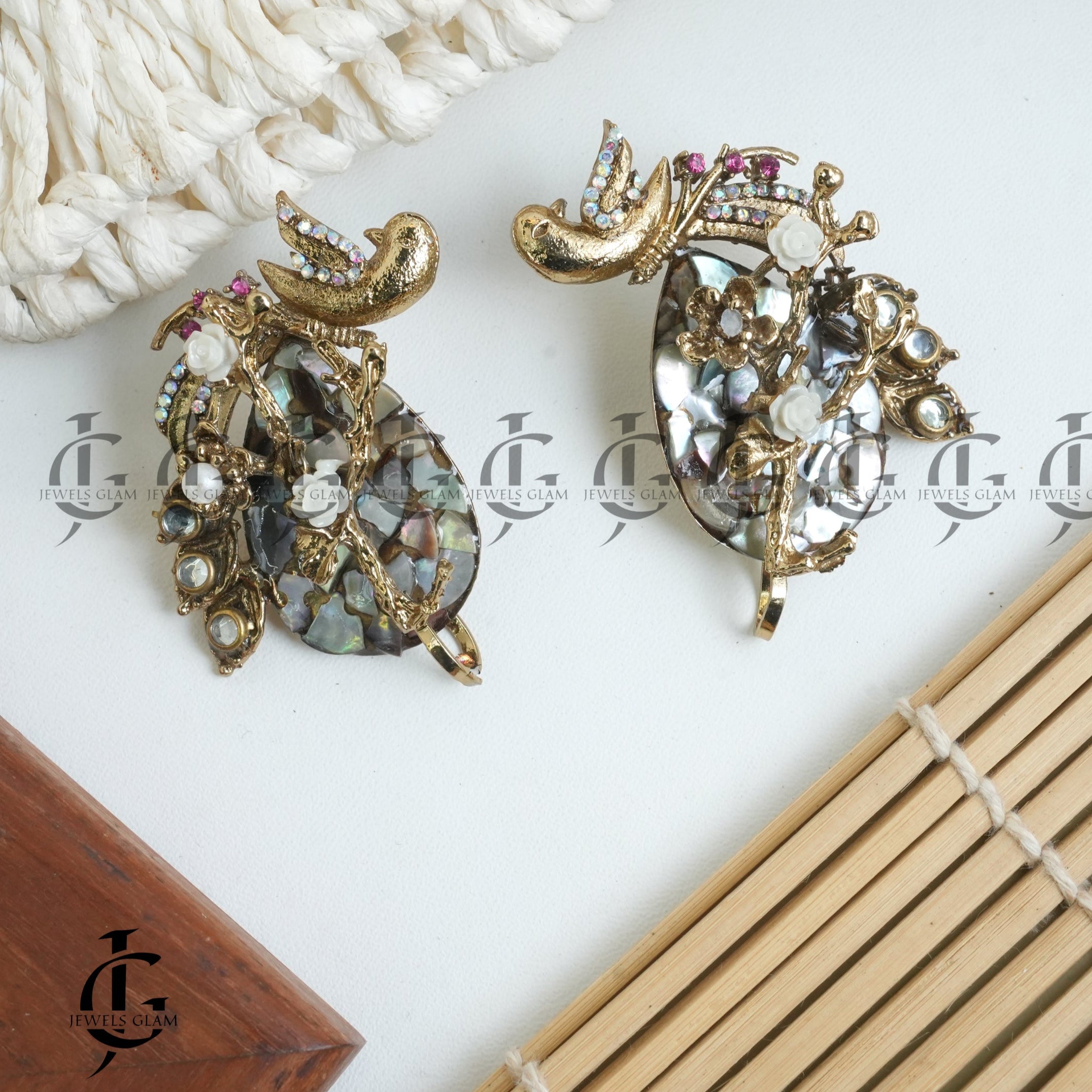 Enchanted Bird and Floral Mother-of-Pearl Earrings