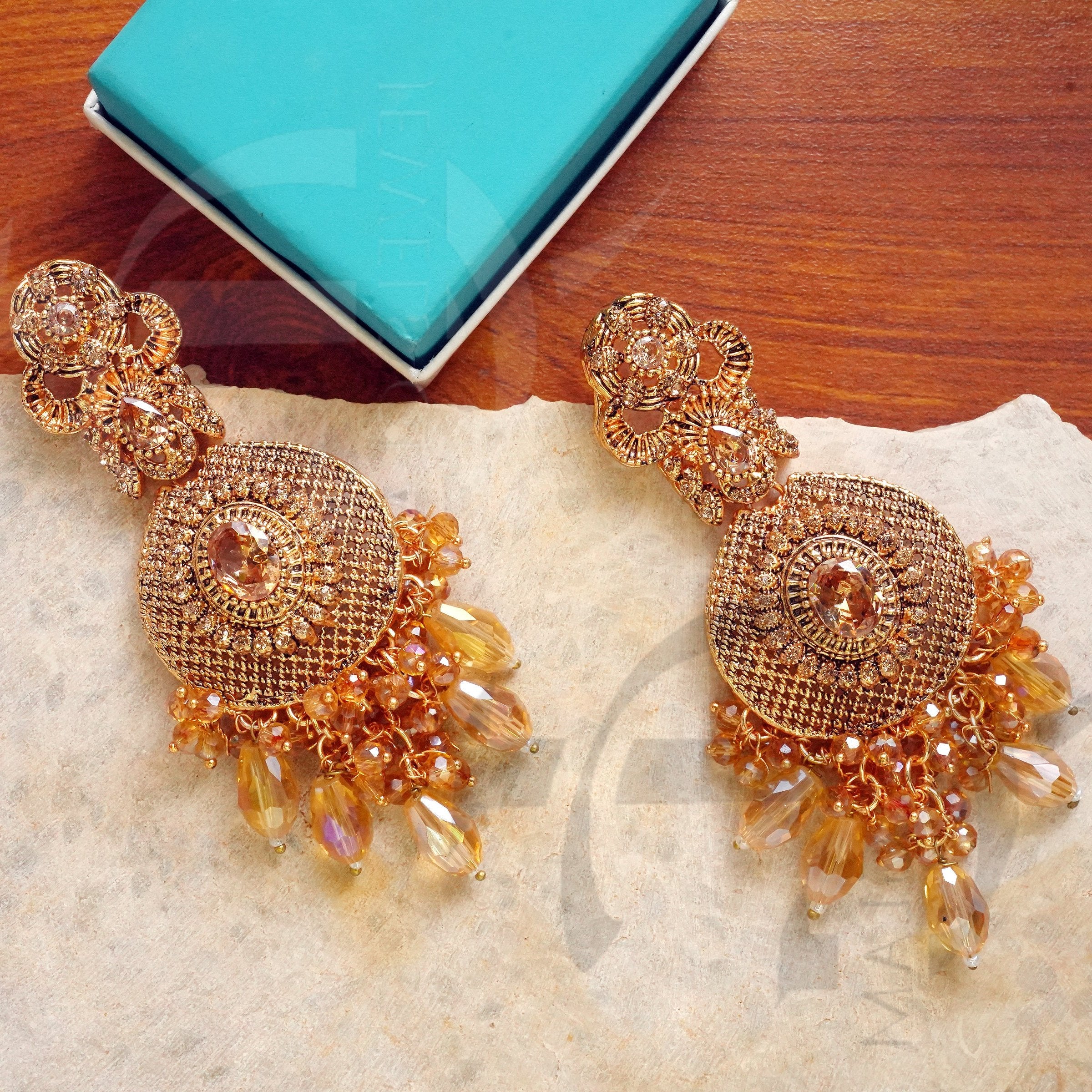 Antique Gold Danglers with Crystal Beads