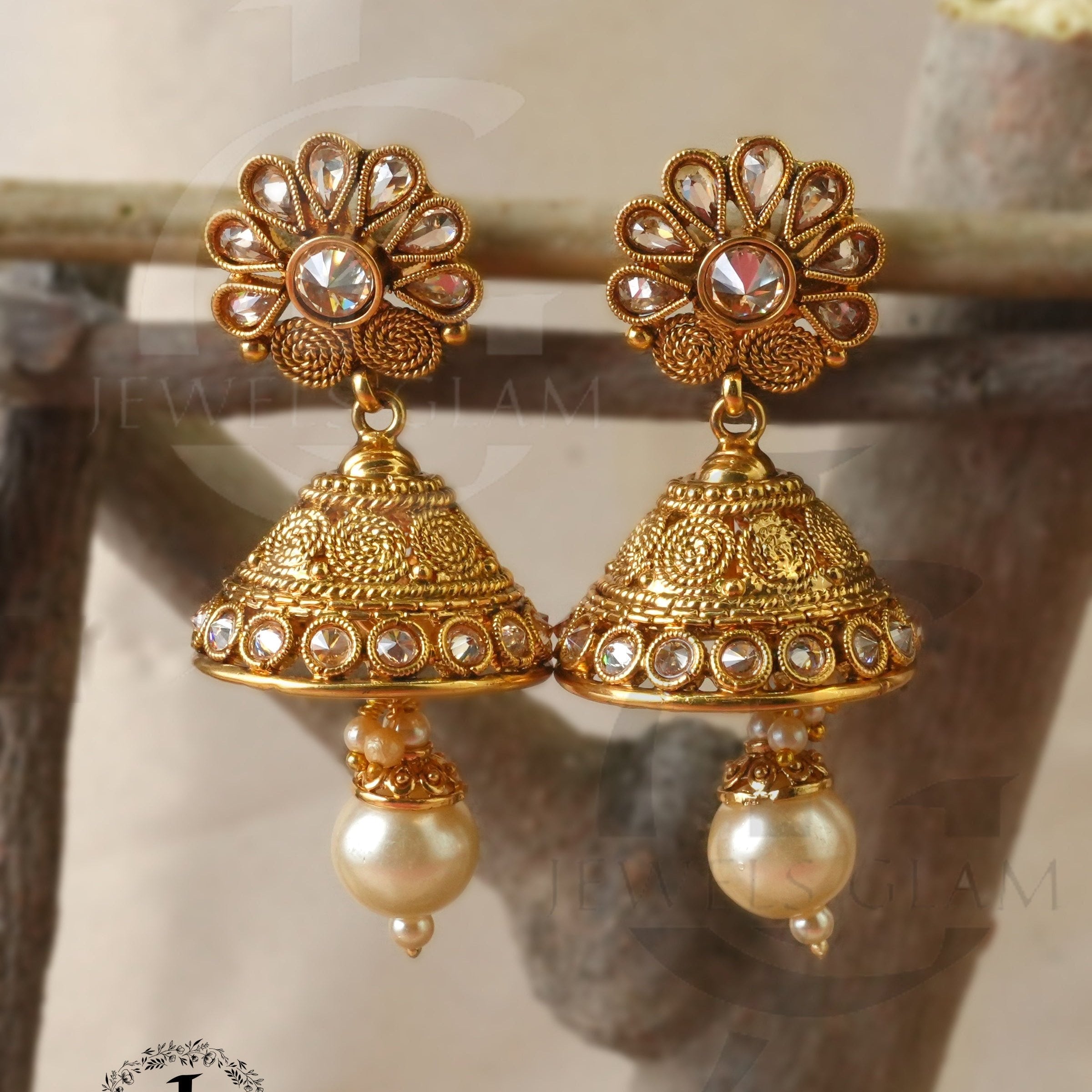 Indian Gold-Toned Jhumka Earrings with Ruby and Emerald Accents