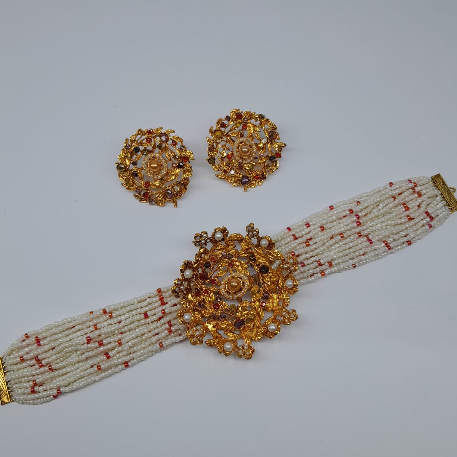 Gold Floral Pearl Mala Set