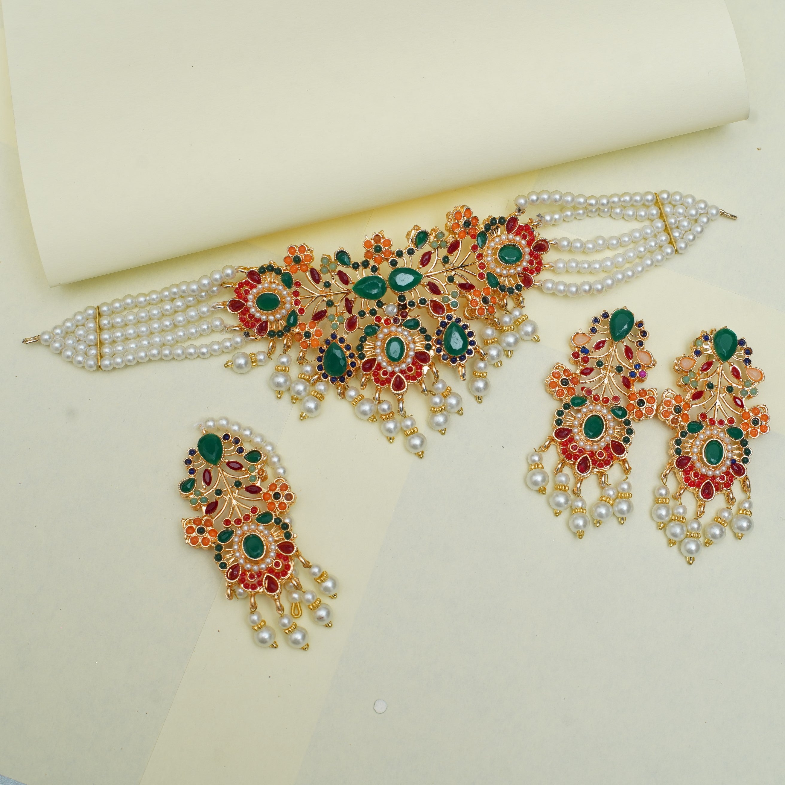 Regal Pearl and Gemstone Bridal Choker Set