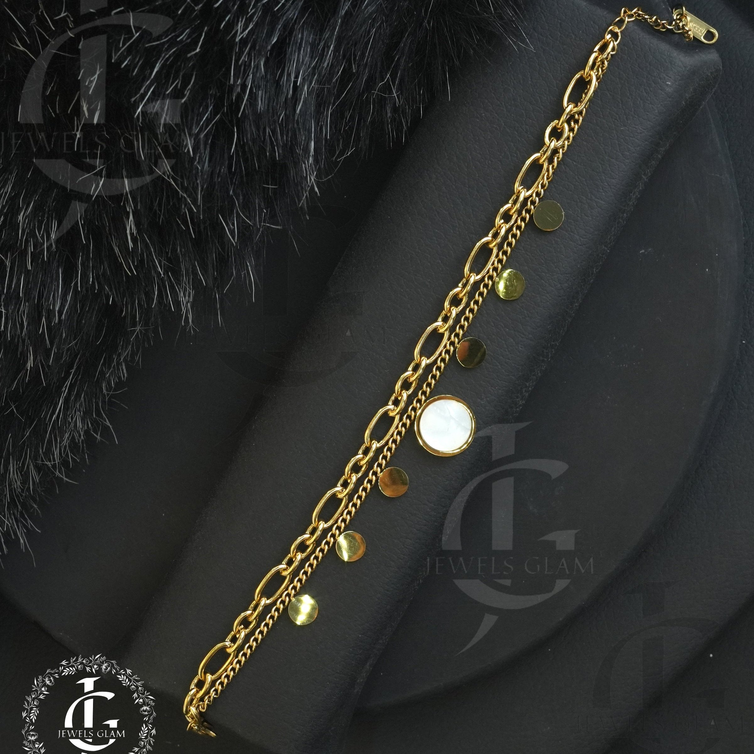 Chic Dual Chain Mother-of-Pearl Charm Bracelet