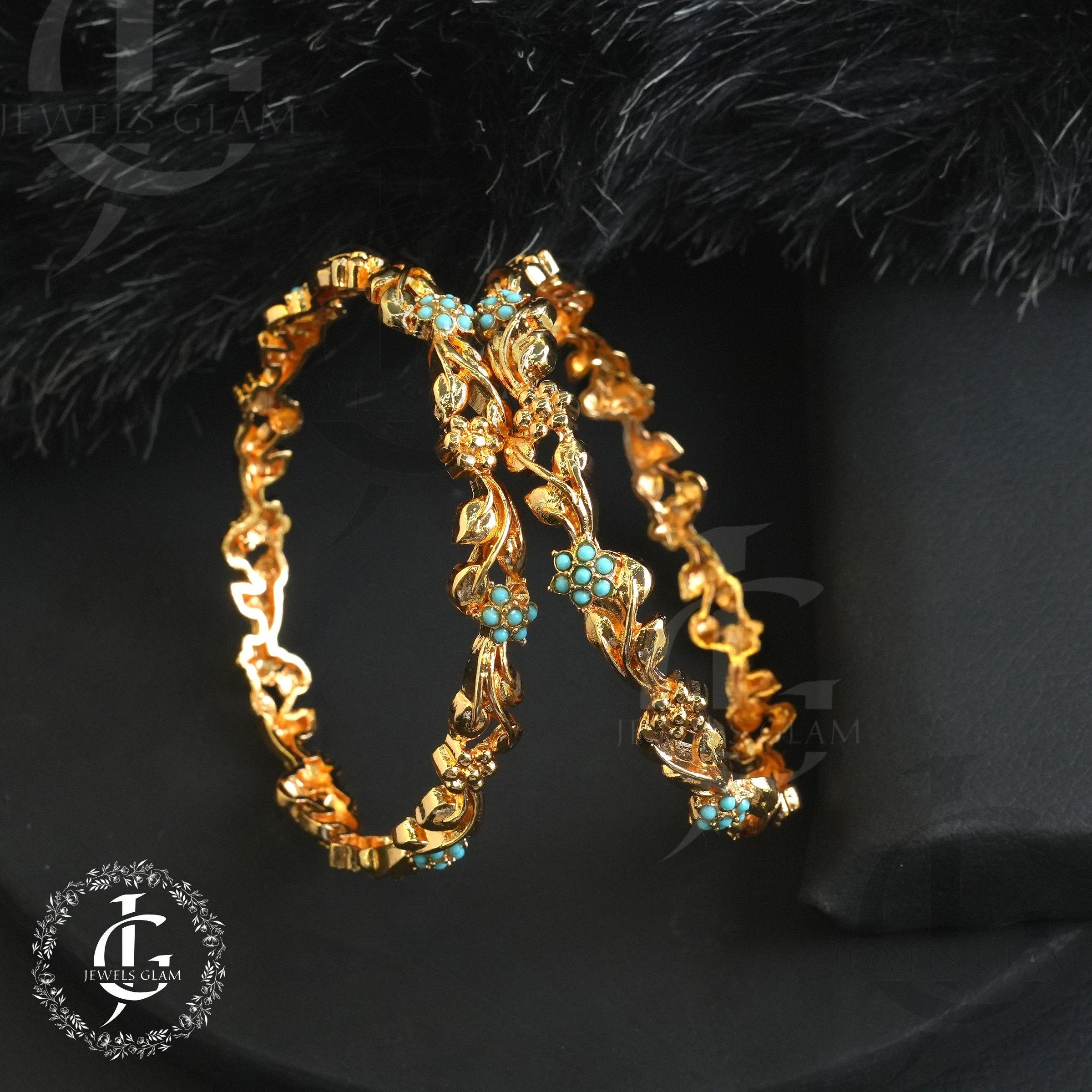 Gold-Plated Floral Vine Bangles with Turquoise Accents