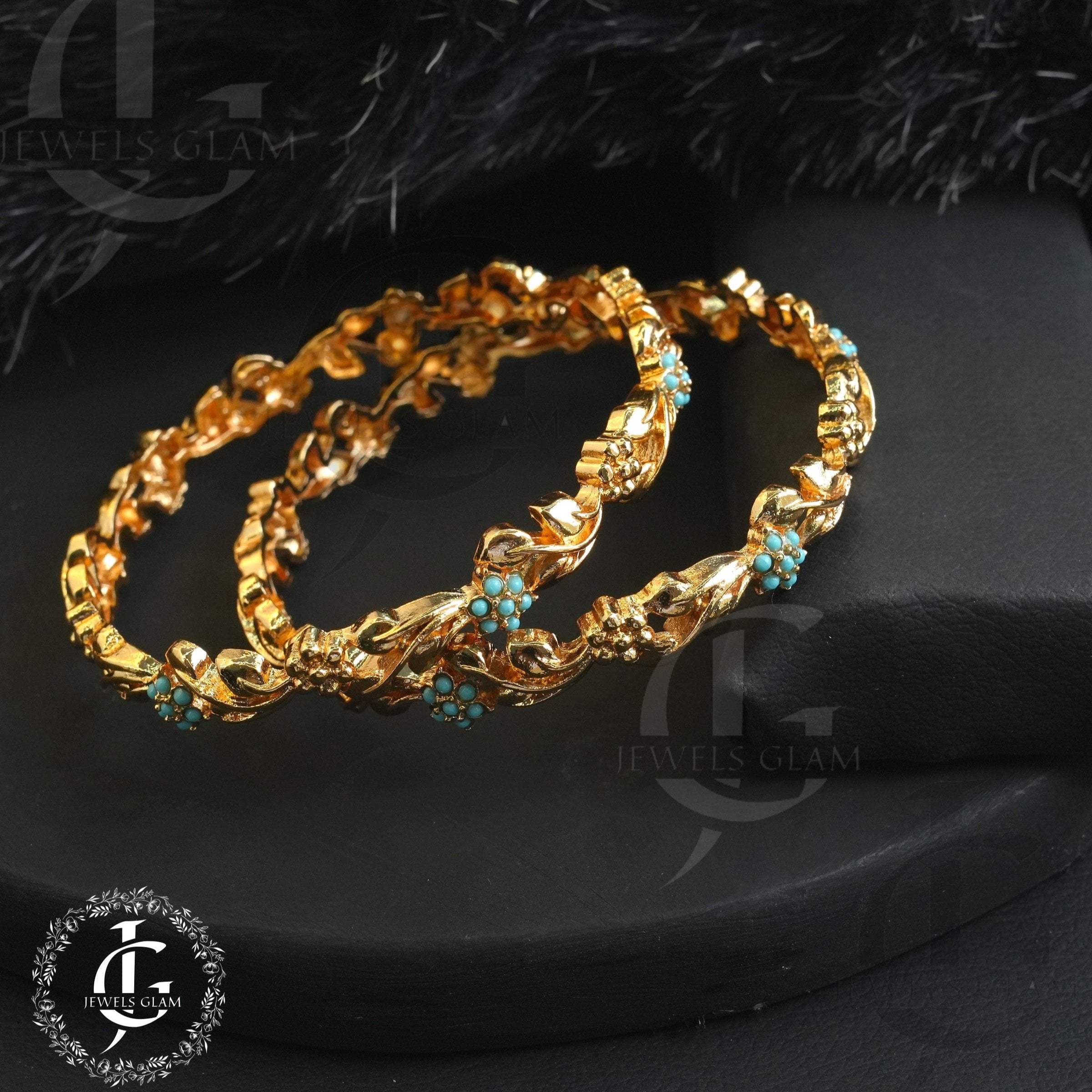 Gold-Plated Floral Vine Bangles with Turquoise Accents
