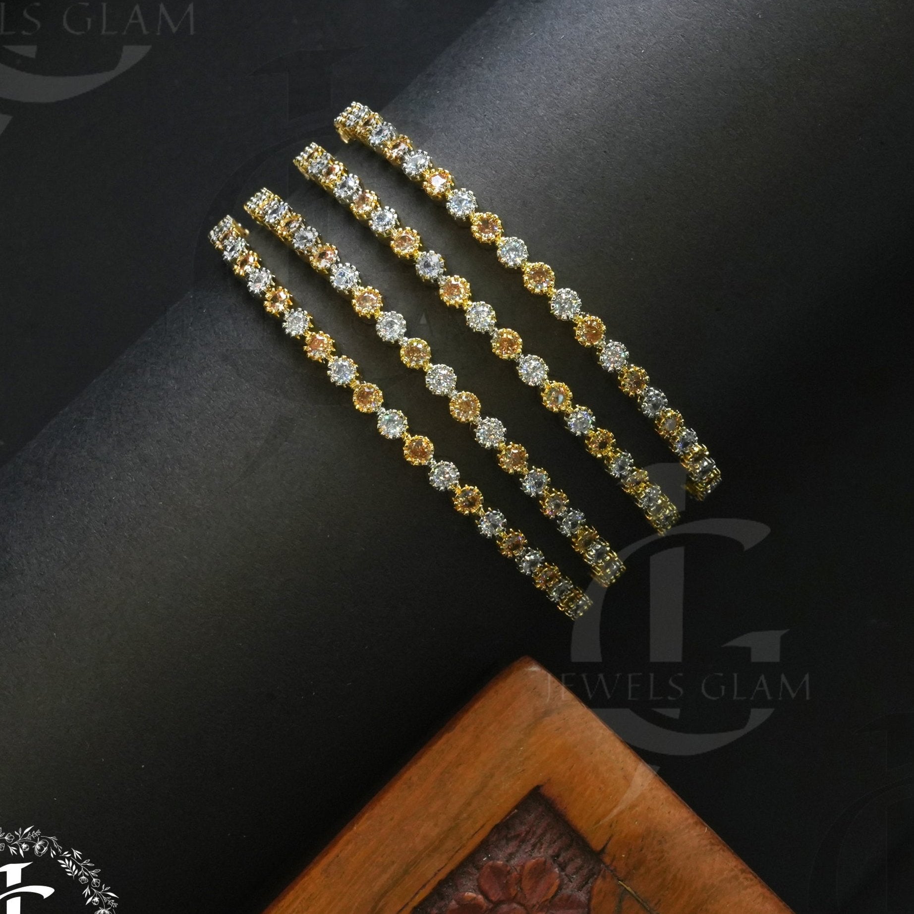 Radiant Crystal-Studded Gold Bangles Set 4Pc