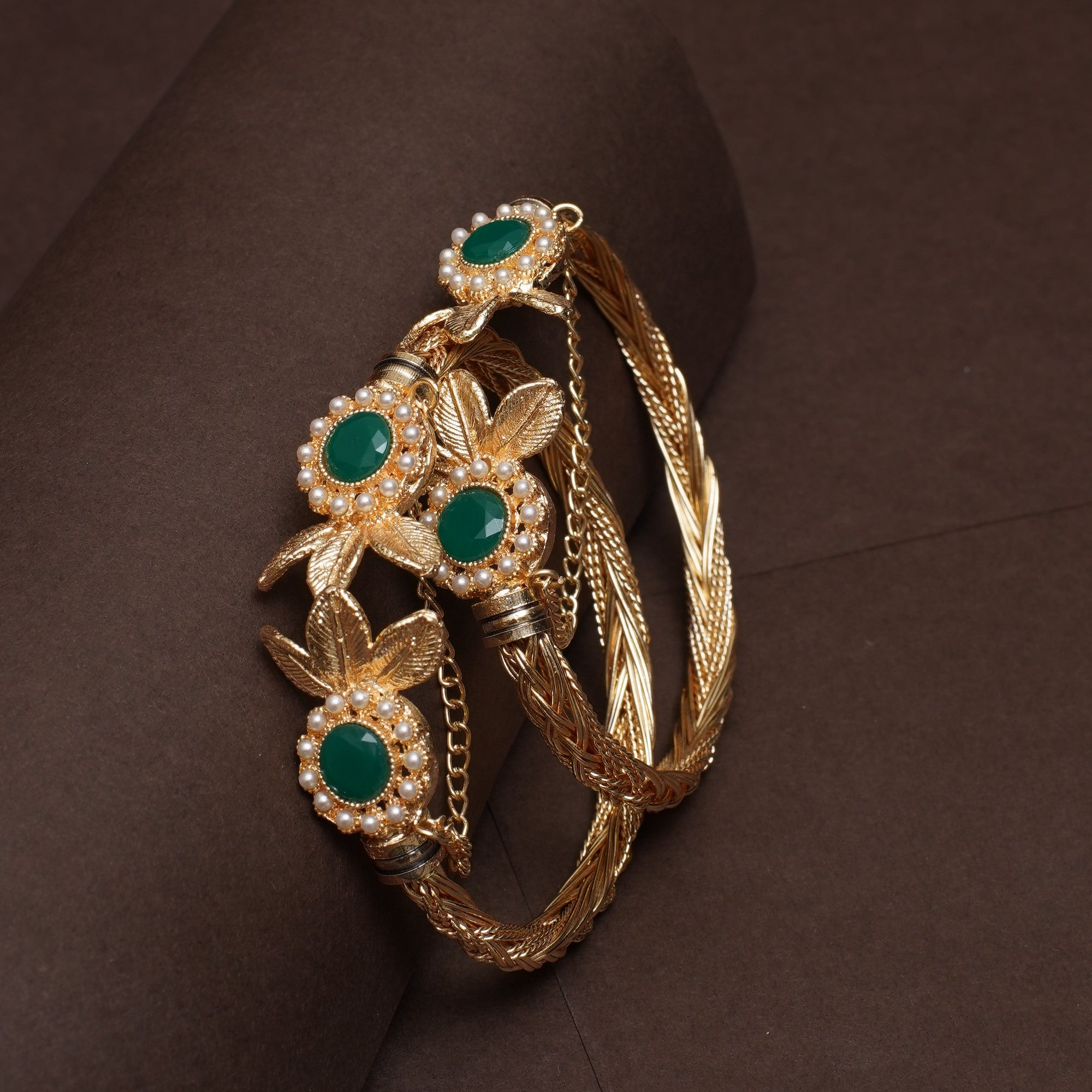 Elegant Emerald-Studded Gold Bangles with Pearl Accents