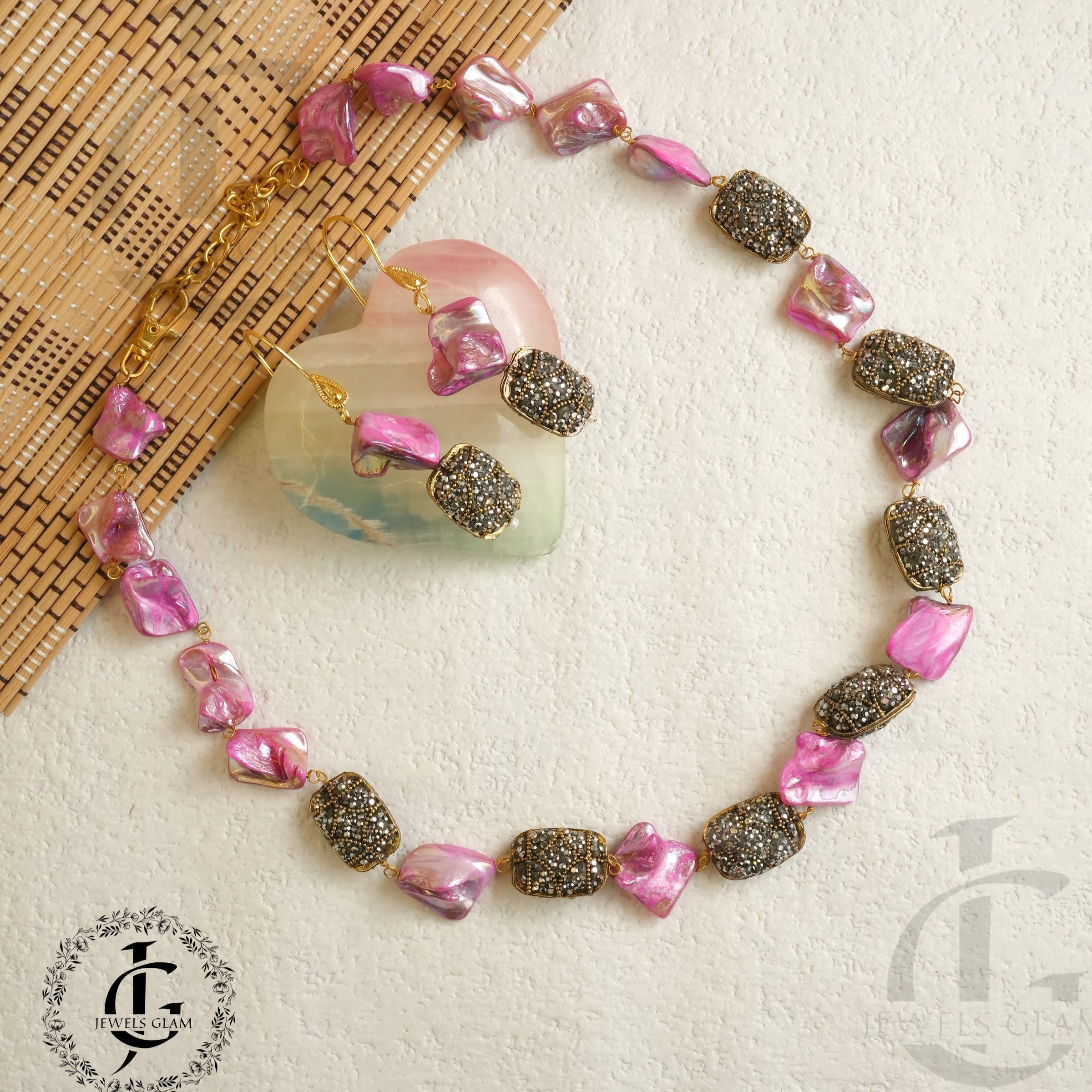 Deep Pink Mother Of Pearl Mala Set