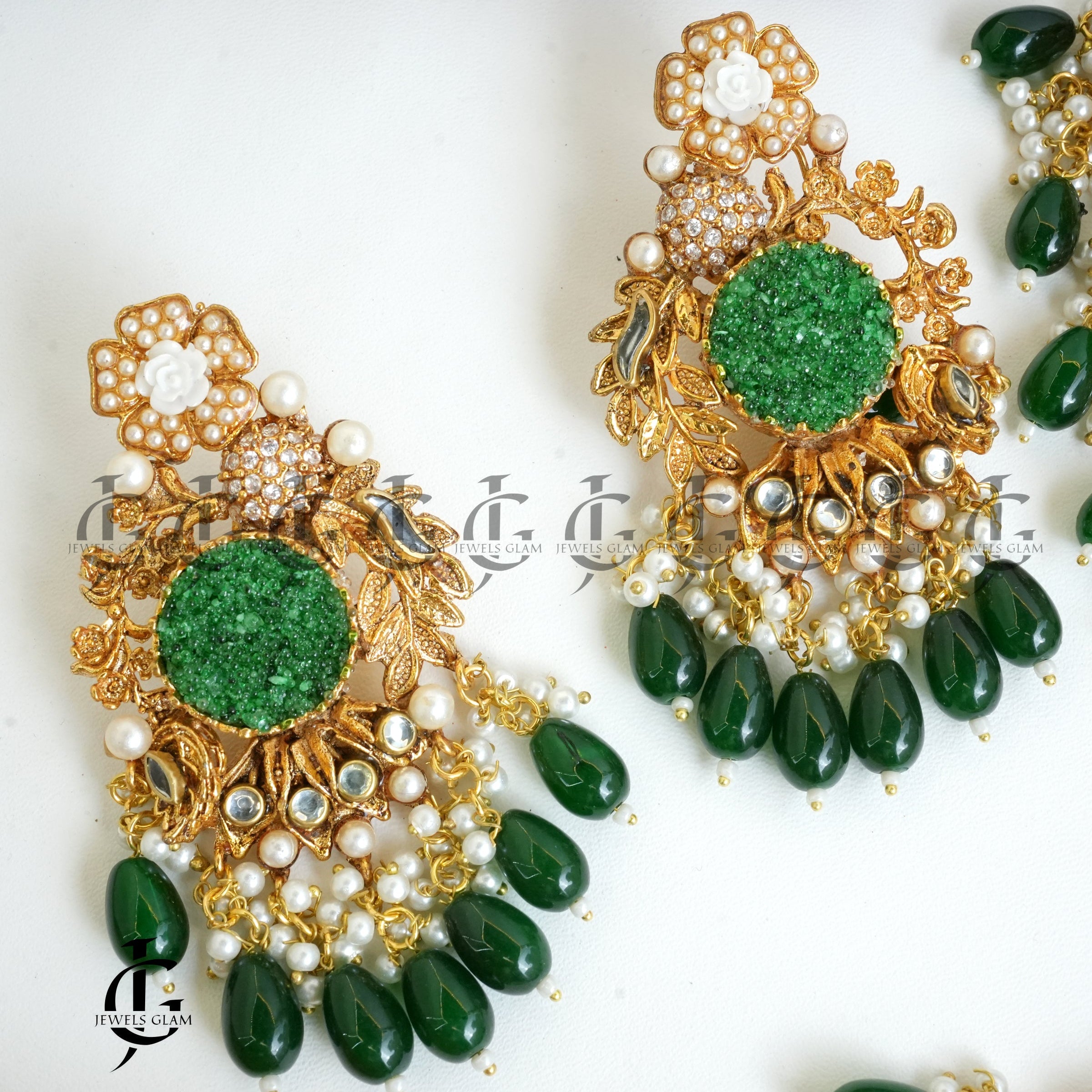 Luxurious Emerald Green Chandbali Earrings with Pearl and Crystal Accents
