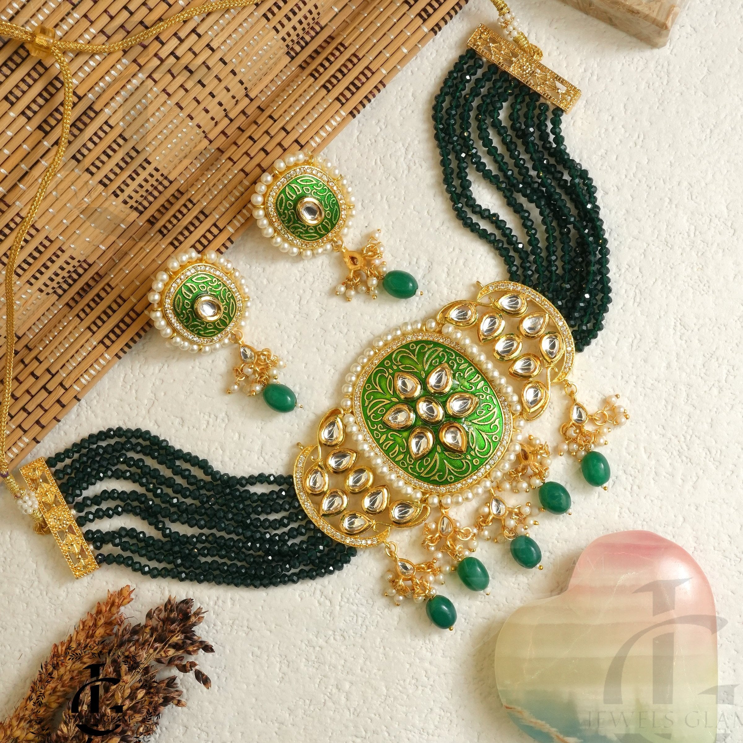 Deep Green Kundan  Meenakari Chocker Set