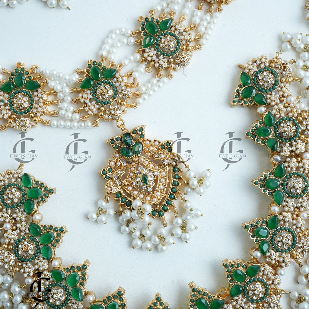 Exquisite Green & White Pearl Bridal Jewelry Set