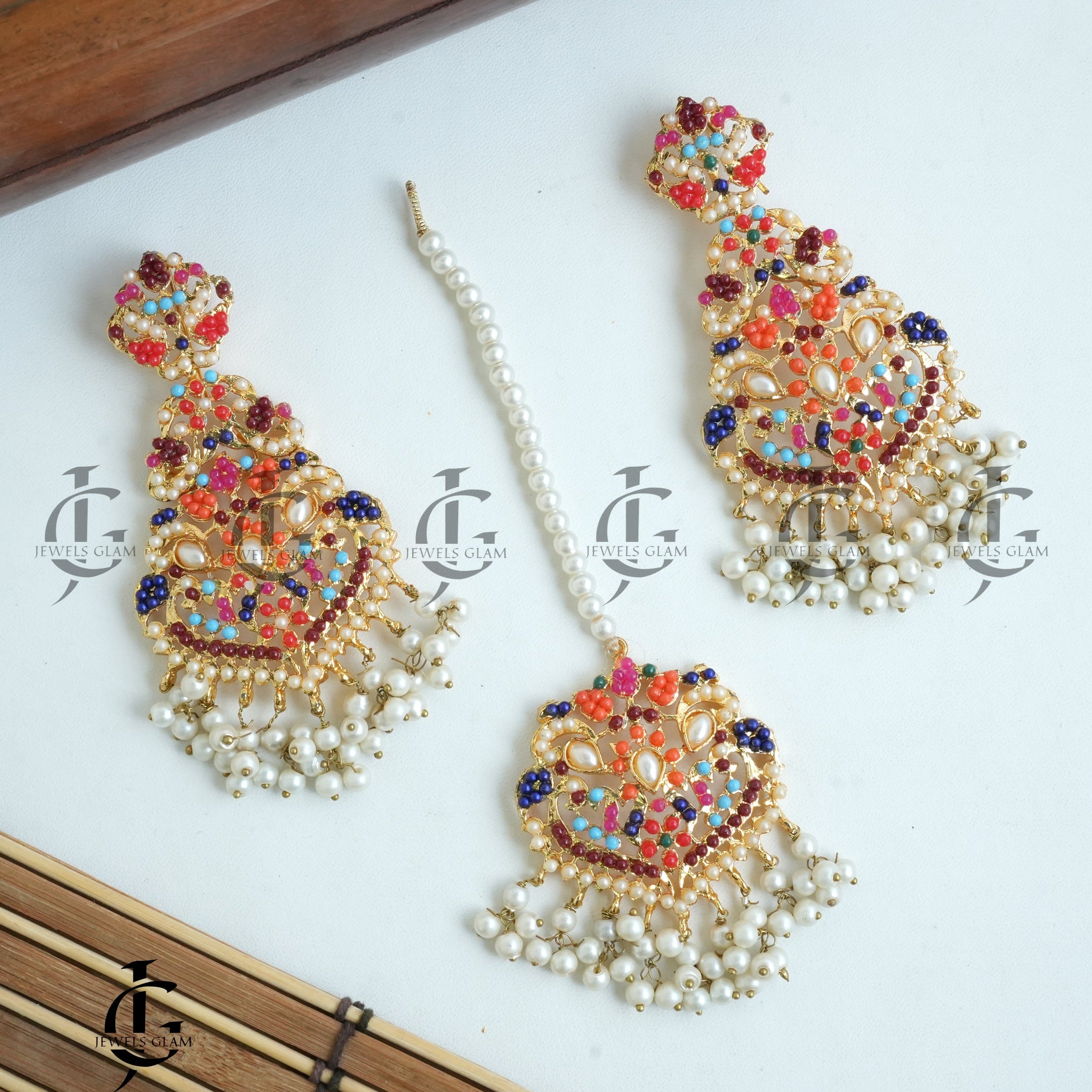 Multicolor Beaded Bridal Earrings and Tikka Set