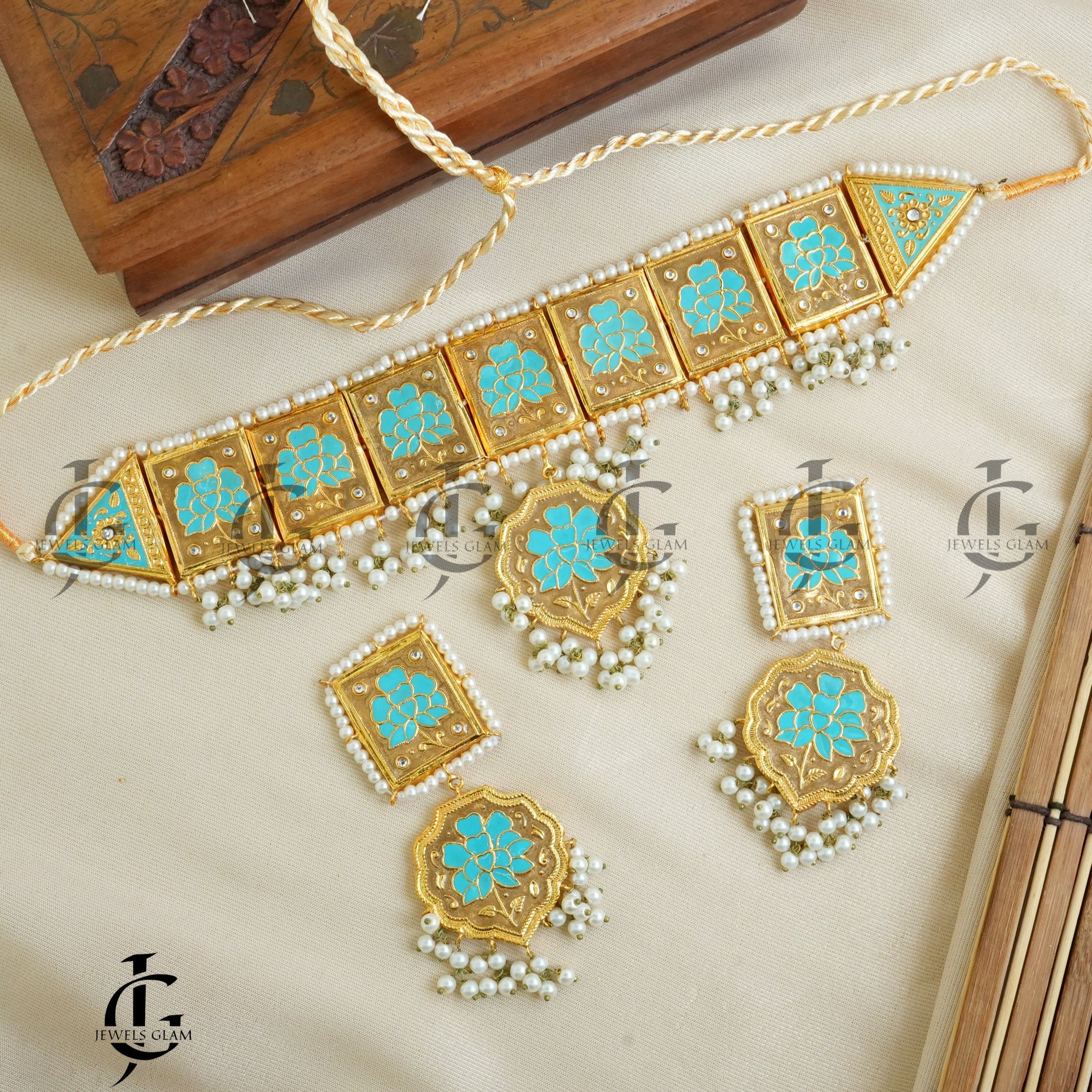 Turquoise Bloom Enamel Bridal Choker Set