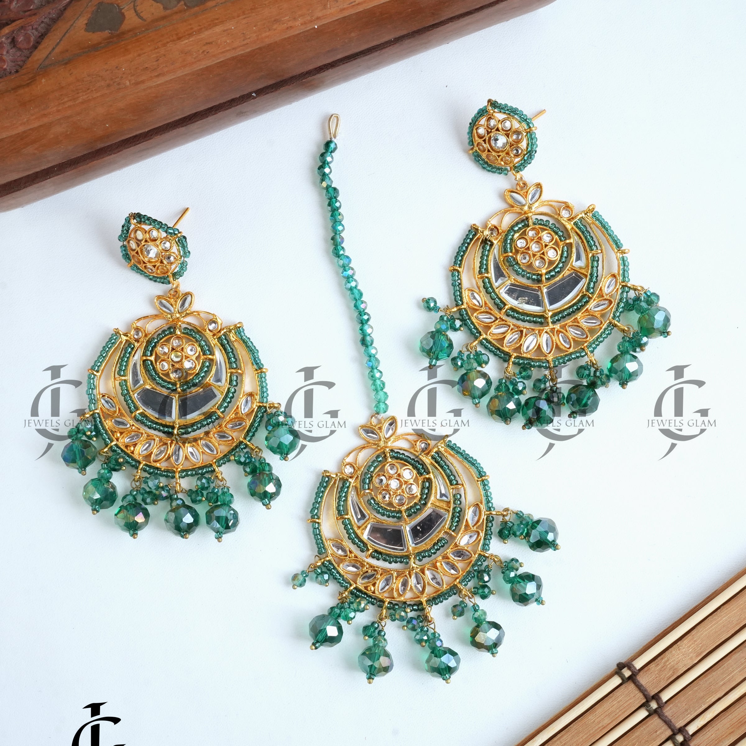 Green Kundan and Beaded Bridal Earrings and Tikka Set