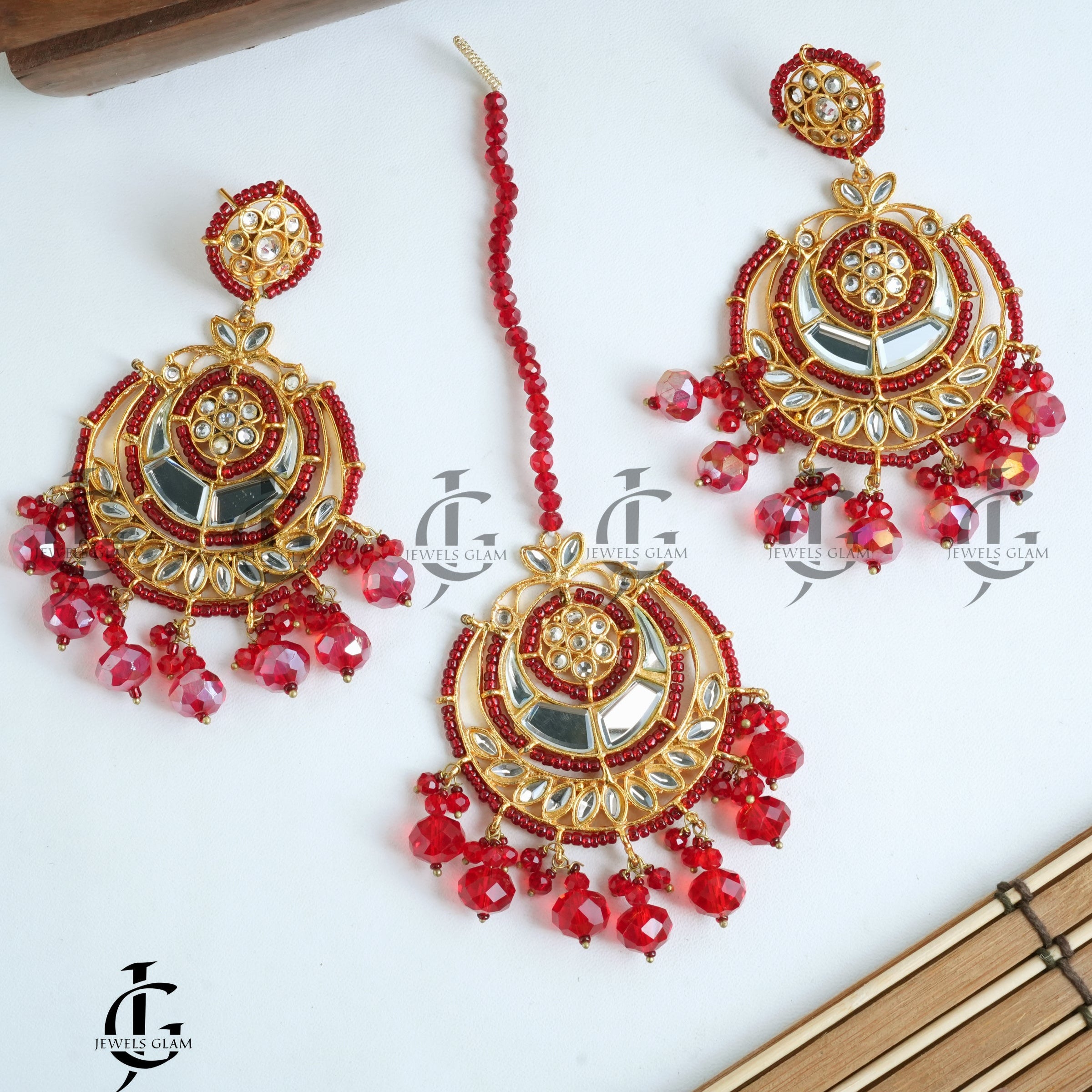 Red Kundan Bridal Earrings and Tikka Set