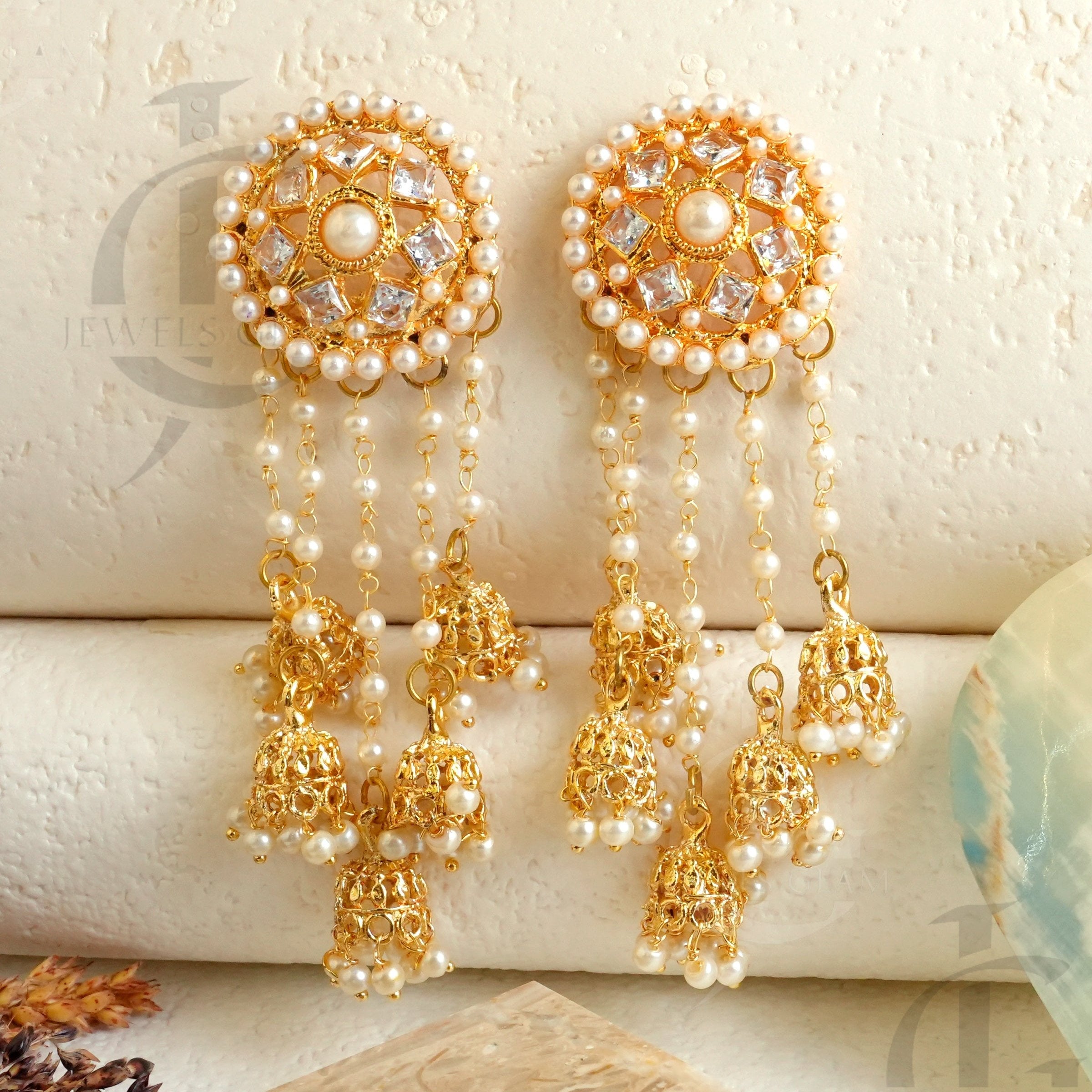 Gold Toned Bahubali Earrings with White and Pearl Accents