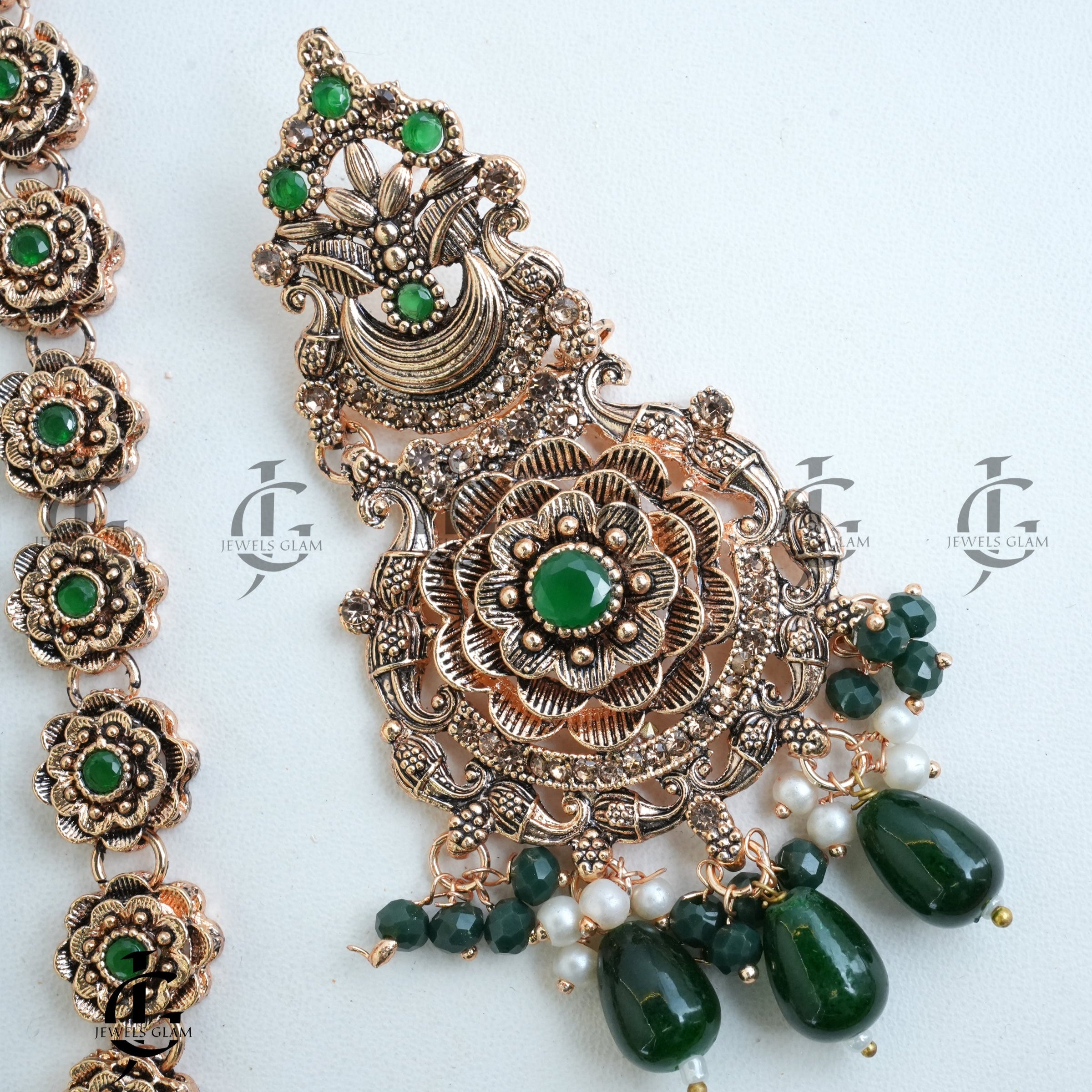 Green Stone Rose Gold Floral Mala Set