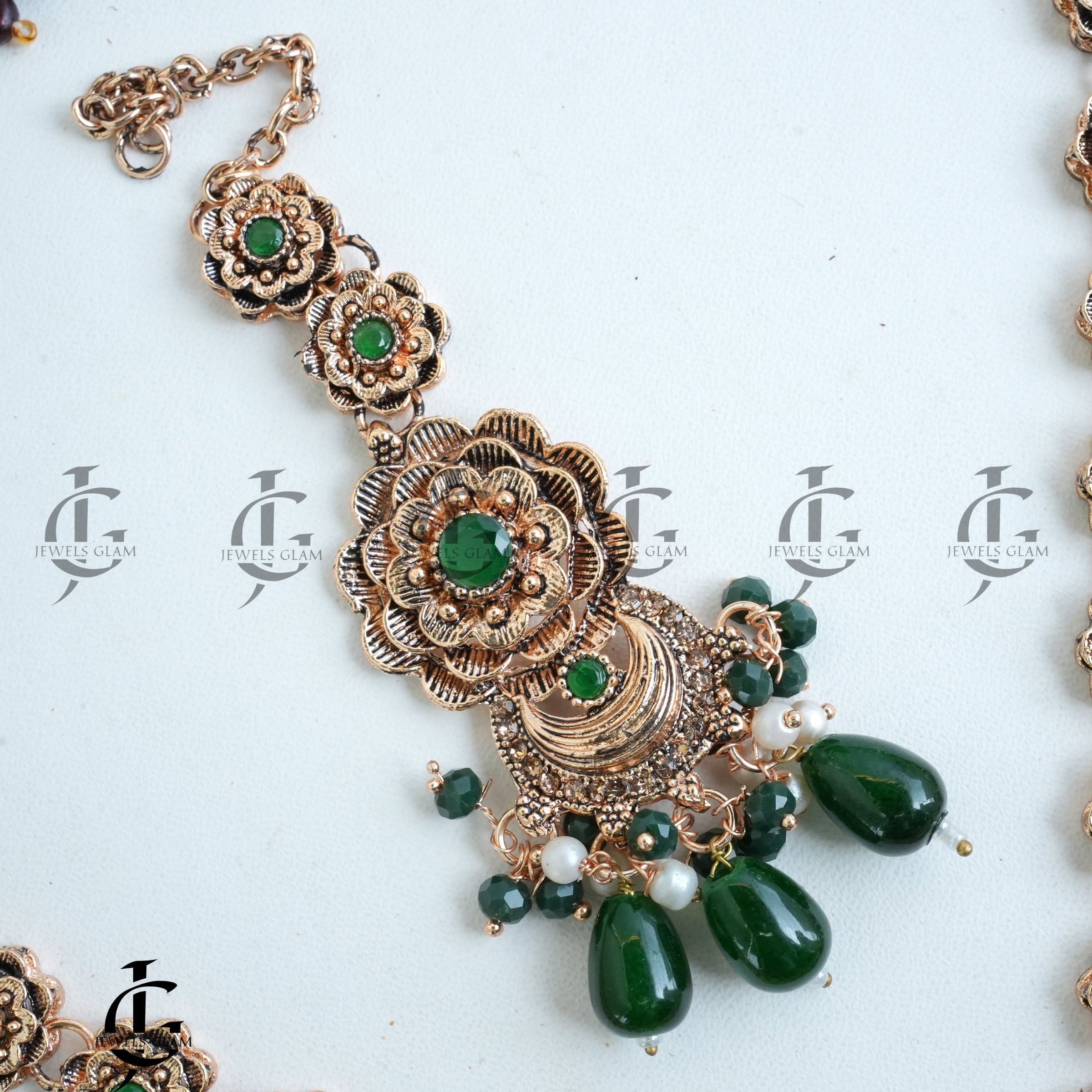 Green Stone Rose Gold Floral Mala Set