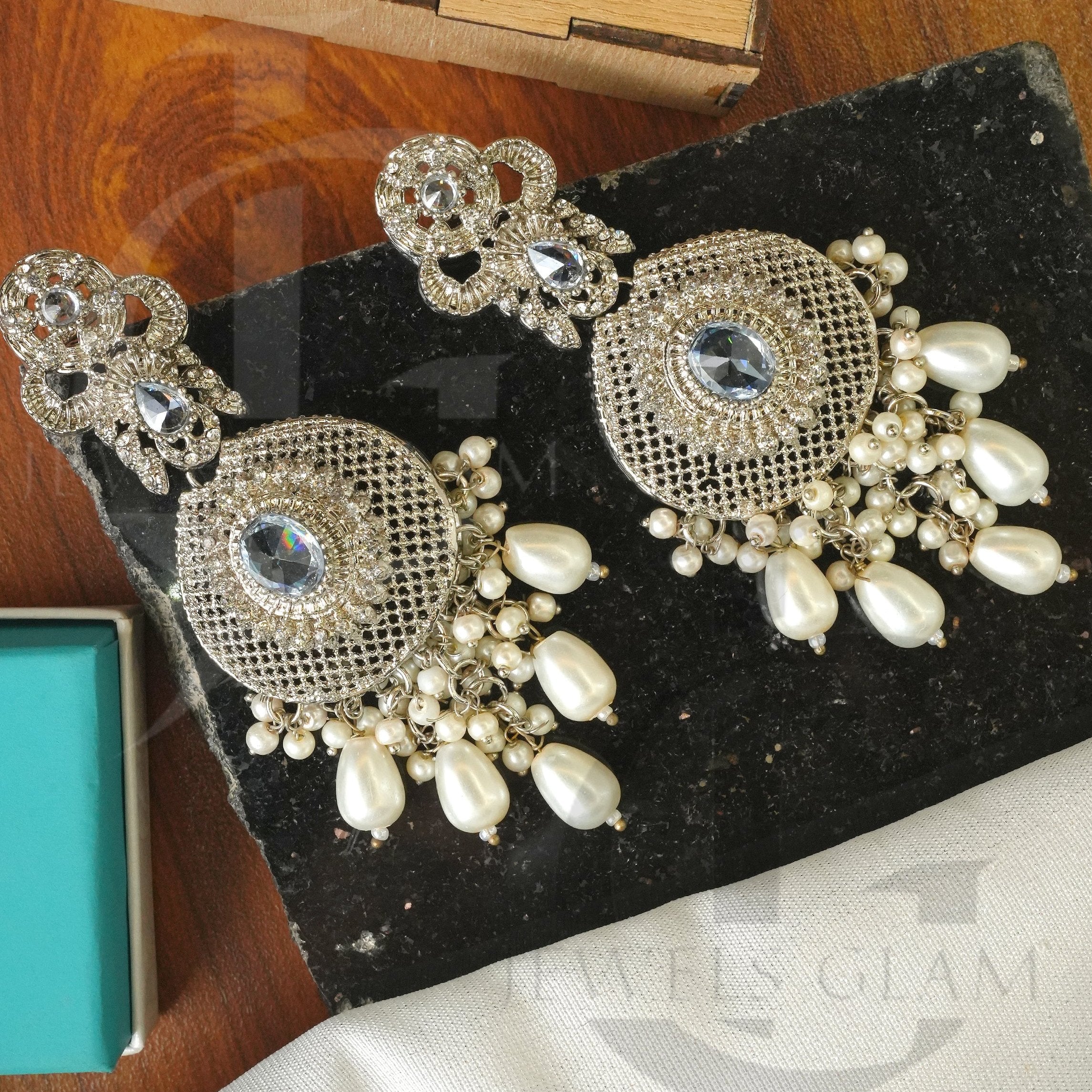 Silver Crystal Studded Statement Earrings with Pearl Drops