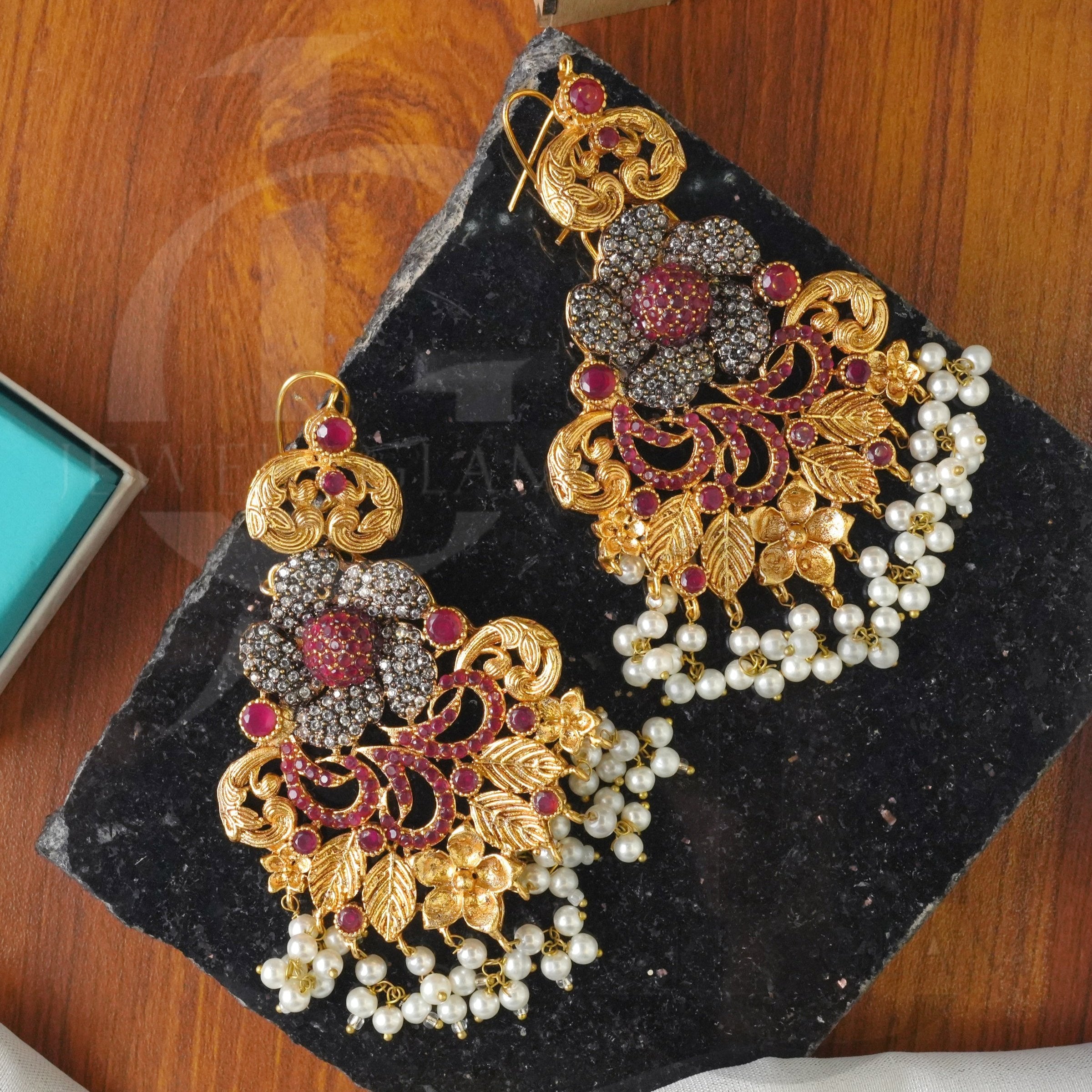 Antique Floral Dangler Earrings with Pearl and Ruby Accents