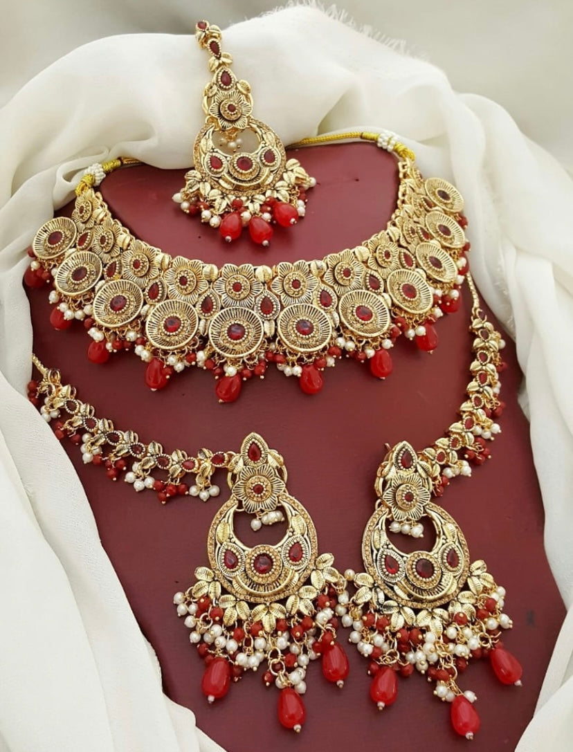 Red Matte Gold Toned Collar Set With Pearl Accents