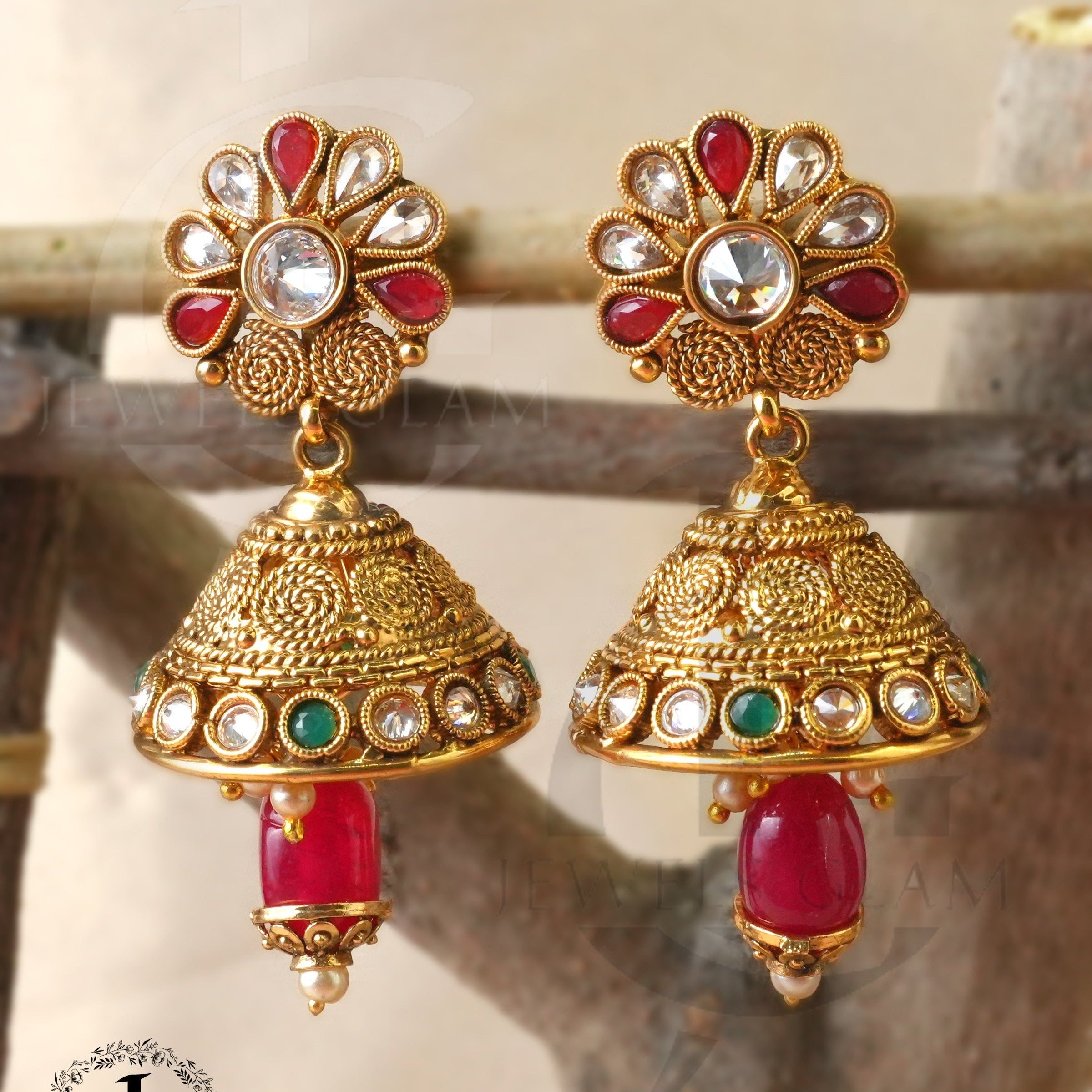 Indian Gold-Toned Jhumka Earrings with Ruby and Emerald Accents