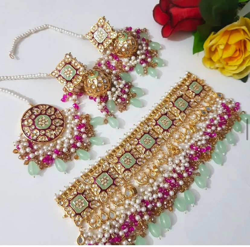 Pink And Mint Green Minakari Handmade kundan set