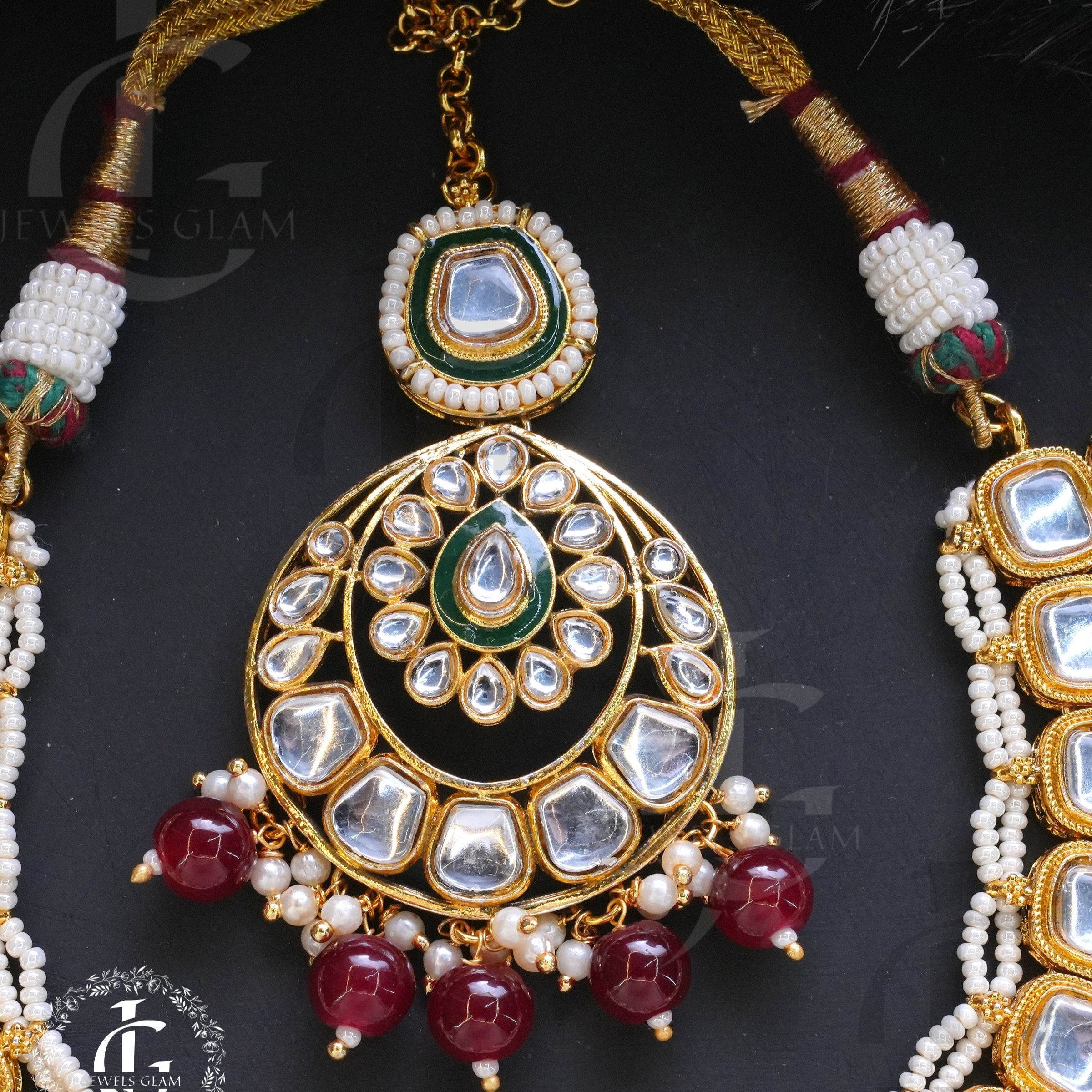 Maroon Kundan Bridal Jewelry Set With White And Pearl Accents