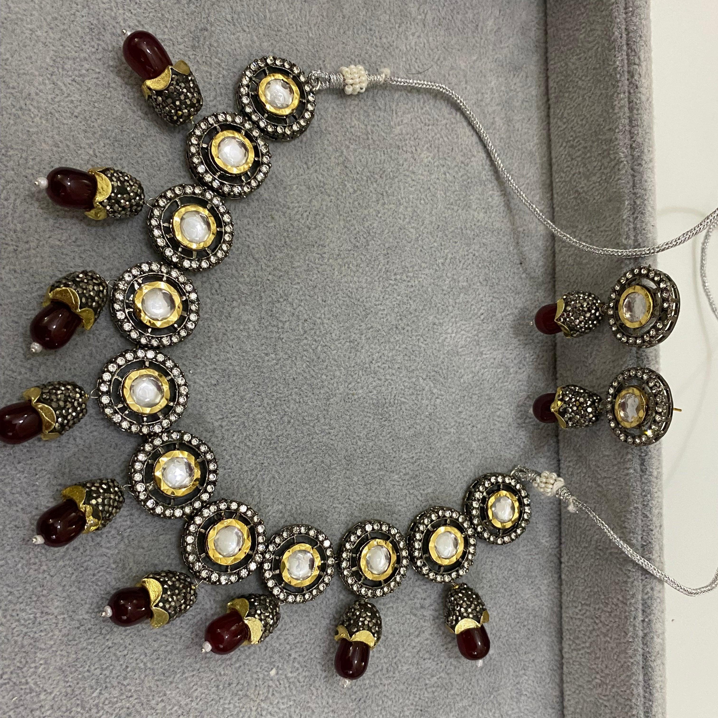 Victorian Polki Necklace Set  Maroon