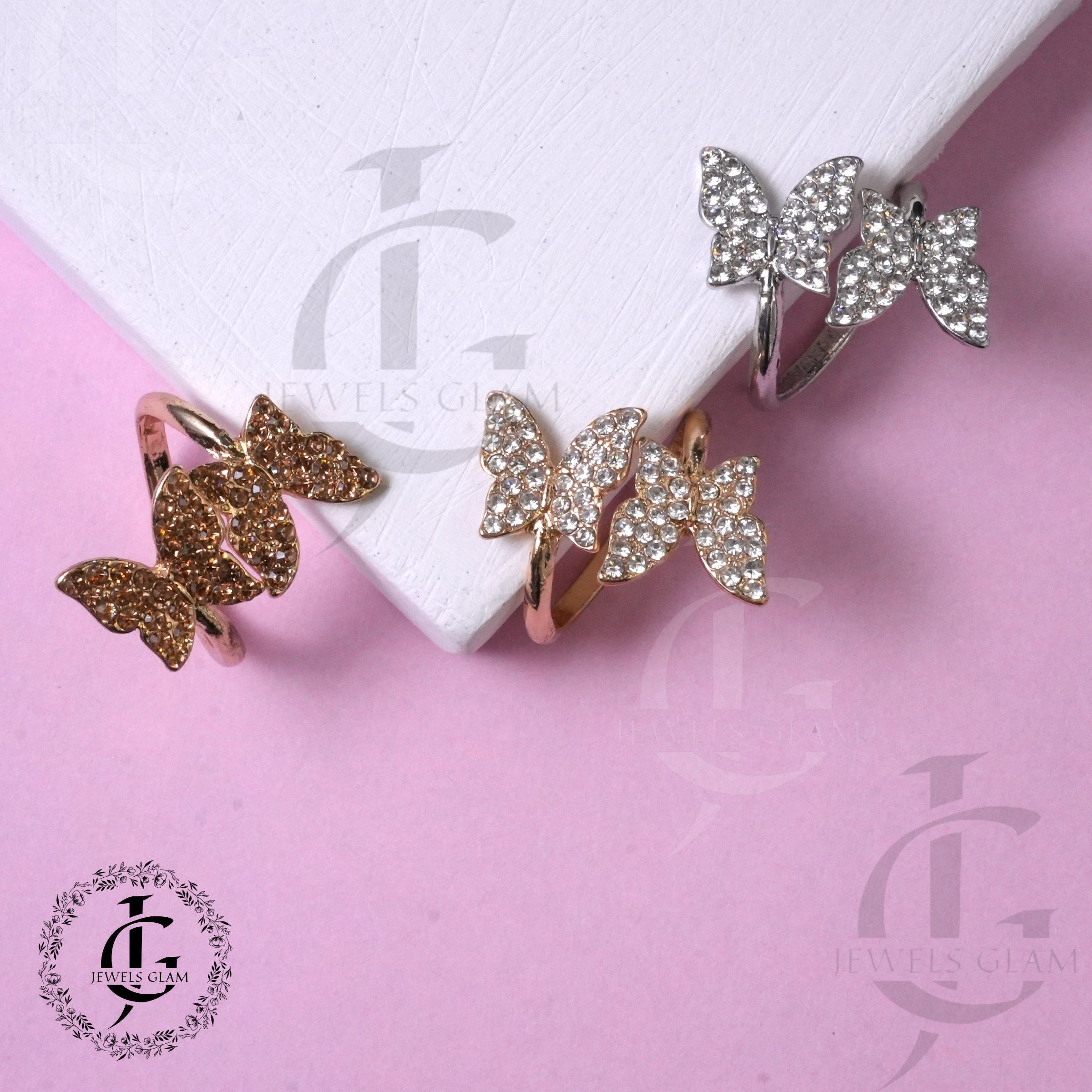 Sparkling Double Butterfly Ring in Gold and Silver