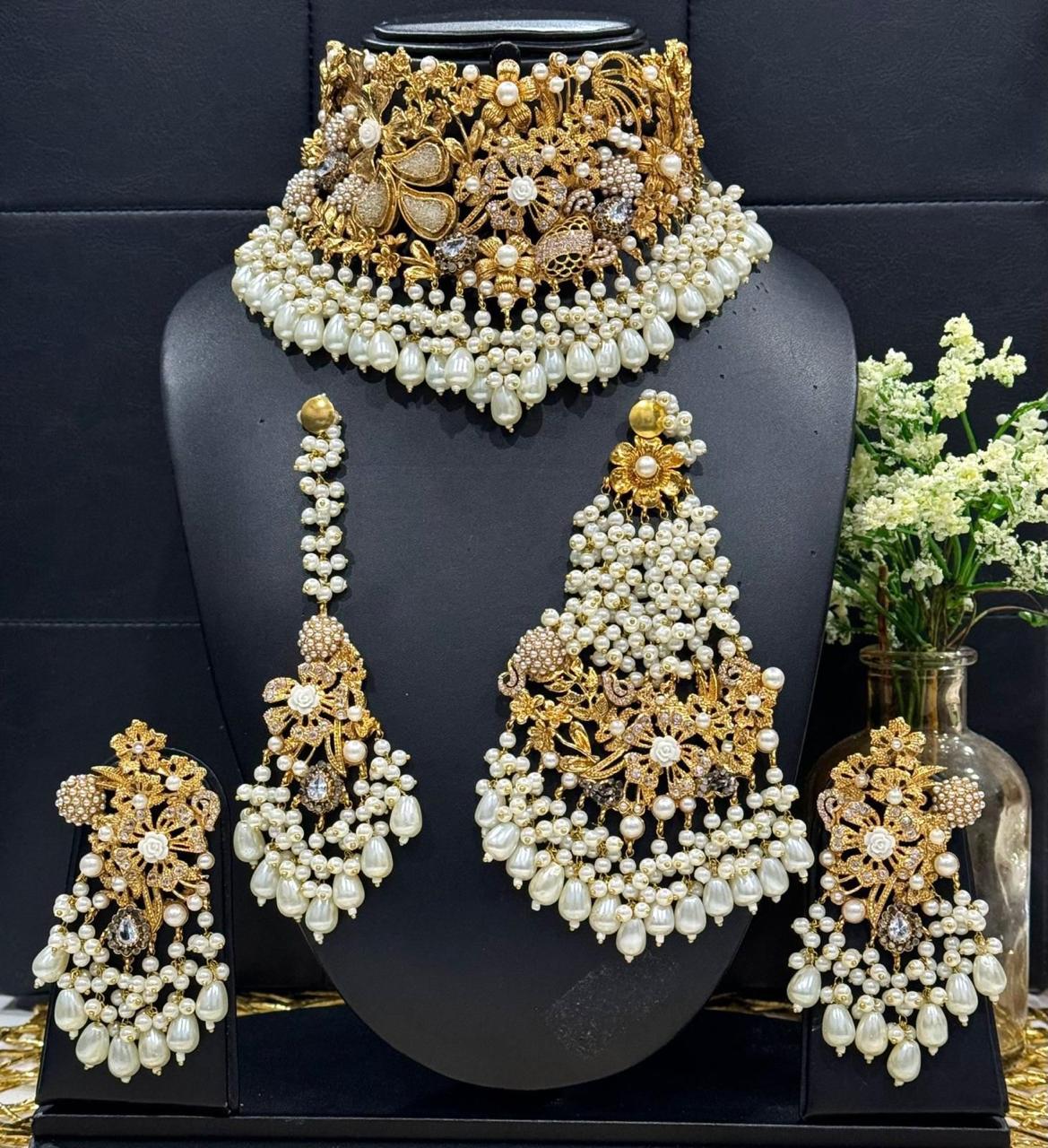 Matte Gold Collar Bridal Set With White Detailing