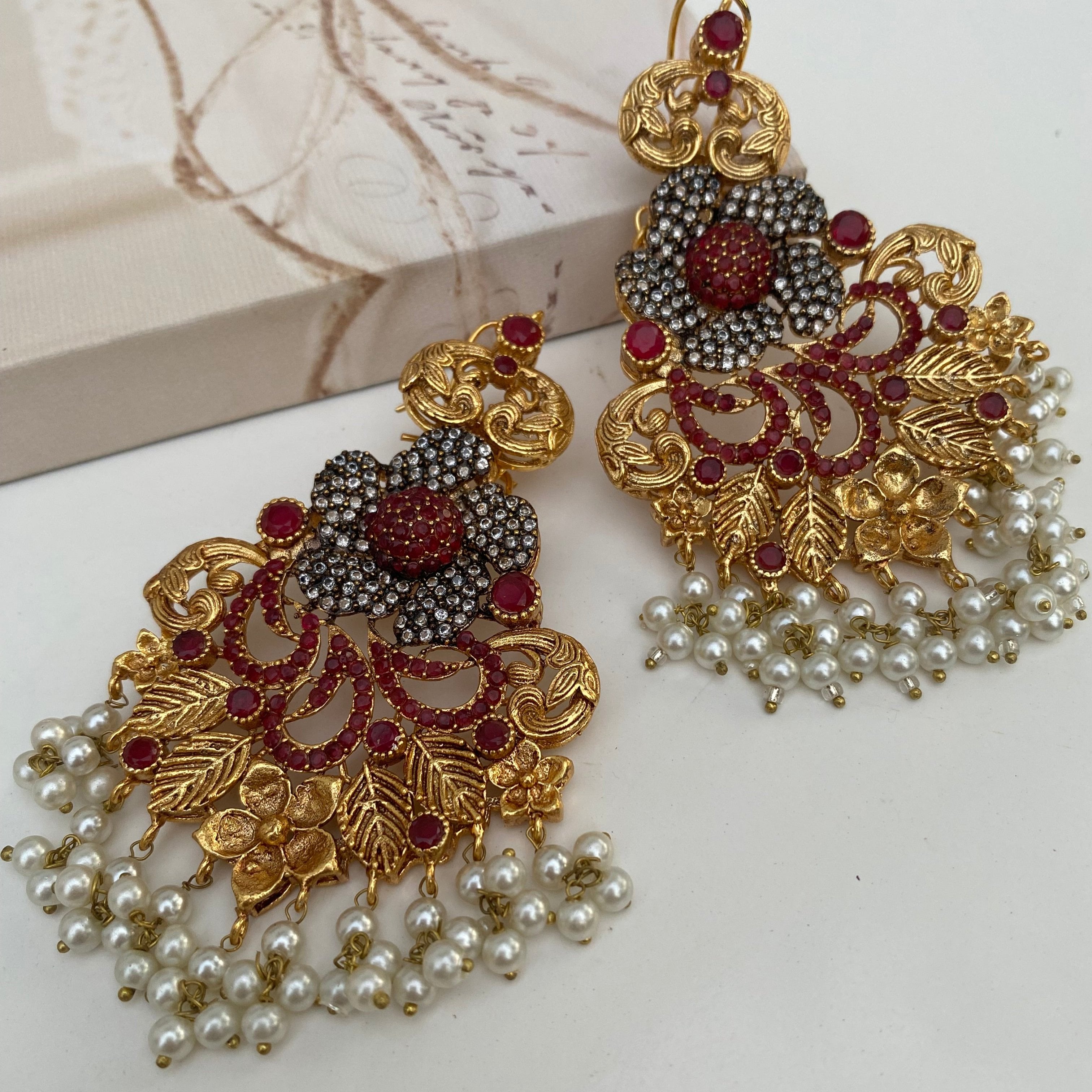 Antique Floral Dangler Earrings with Pearl and Ruby Accents