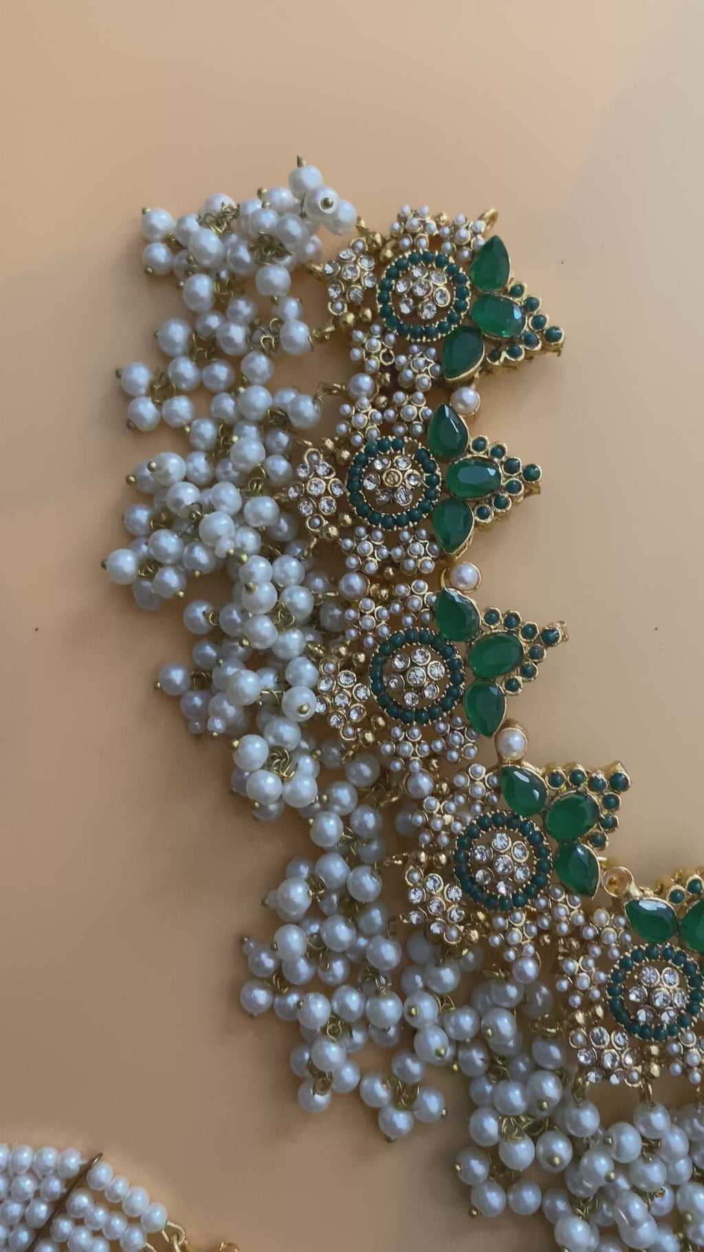 Exquisite Green & White Pearl Bridal Jewelry Set