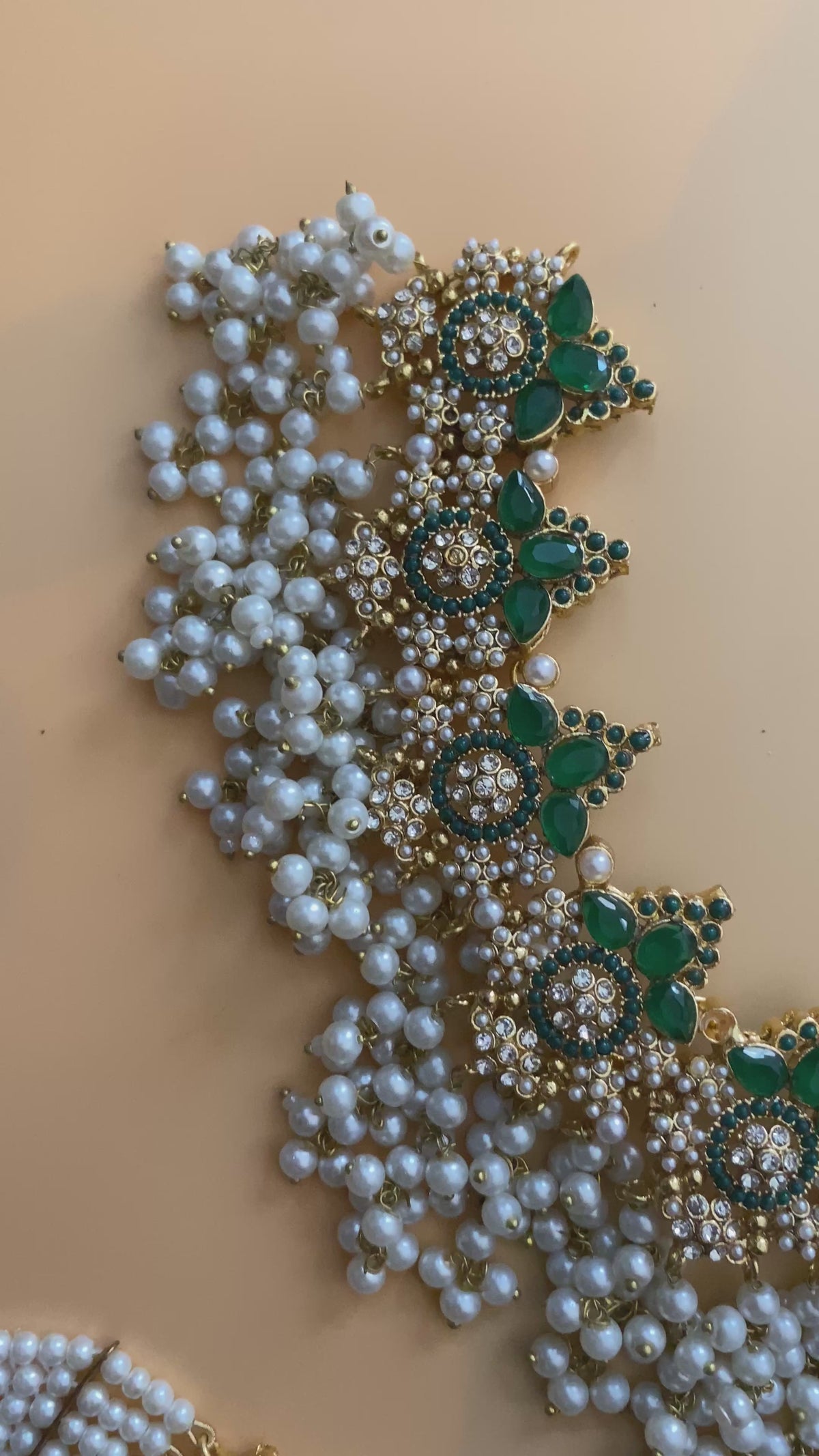 Exquisite Green & White Pearl Bridal Jewelry Set