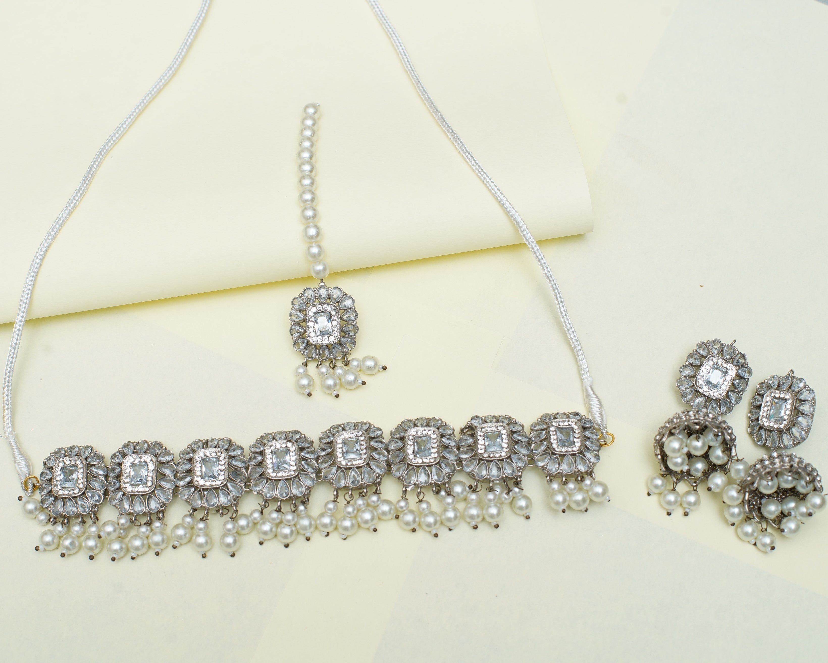 Silver Stone Chocker Set With Jhumkis